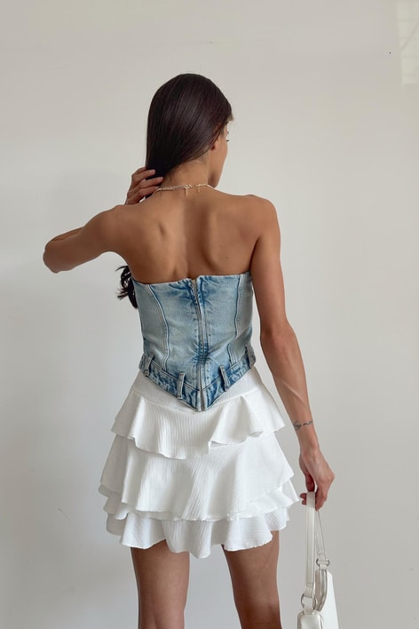 Arka Fermuarlı Denim Büstiyer Mavi