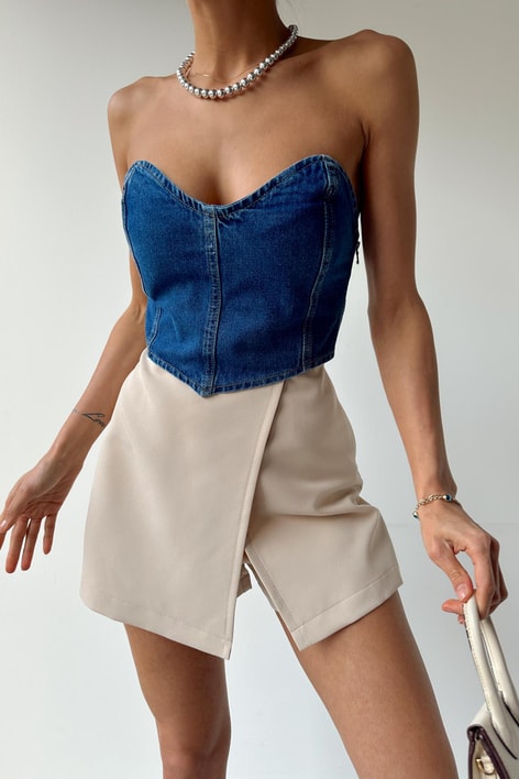 Dikişli Denim Bralet Mavi