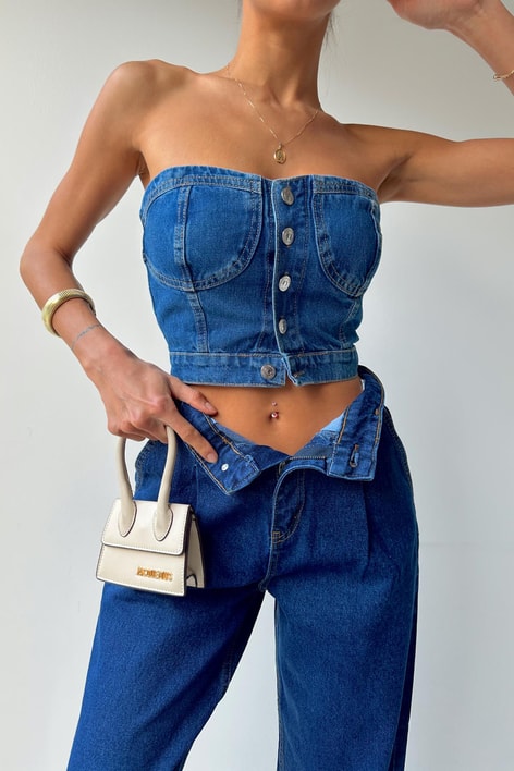 Düğmeli Denim Bra Mavi