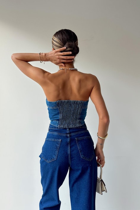 Düğmeli Denim Bra Mavi
