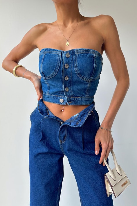 Düğmeli Denim Bra Mavi