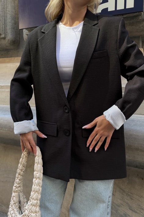 Astarlı Keten Blazer Siyah