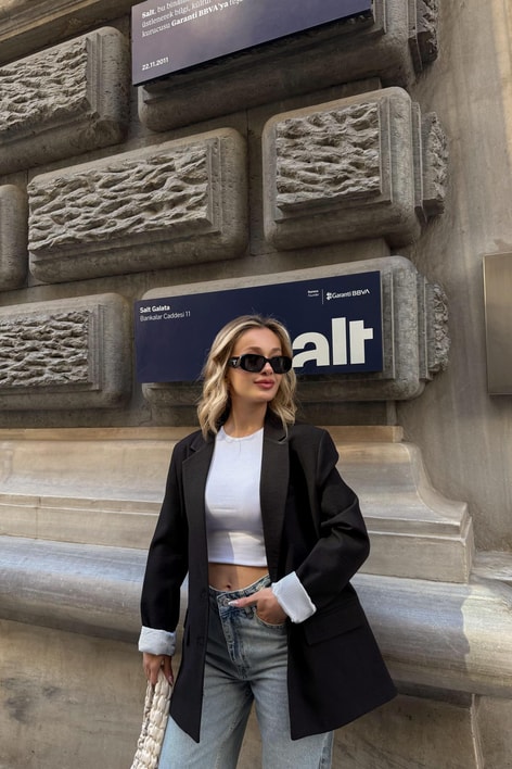 Astarlı Keten Blazer Siyah