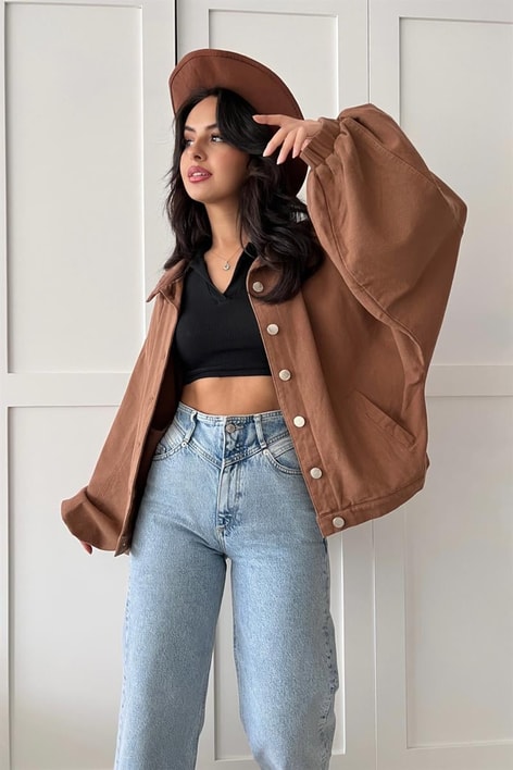 Balon Kol Çıtçıtlı Ceket Acı Kahve