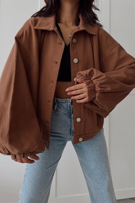 Balon Kol Çıtçıtlı Ceket Acı Kahve