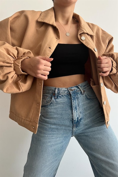 Balon Kol Çıtçıtlı Ceket Camel