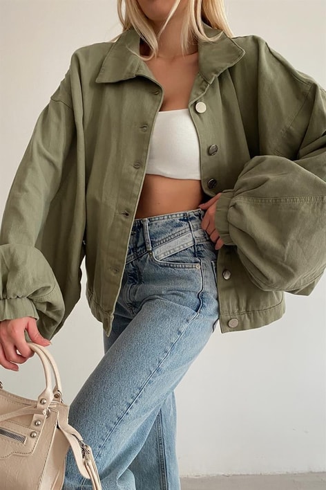 Balon Kol Çıtçıtlı Ceket Haki