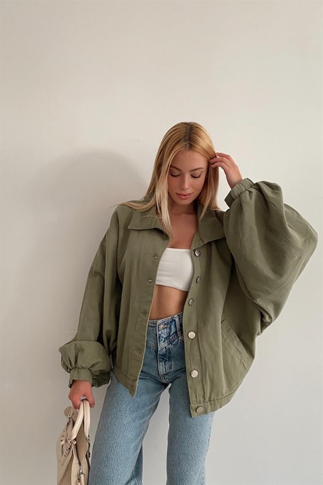 Balon Kol Çıtçıtlı Ceket Haki