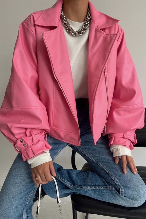 Balon Kollu Deri Biker Ceket Pembe