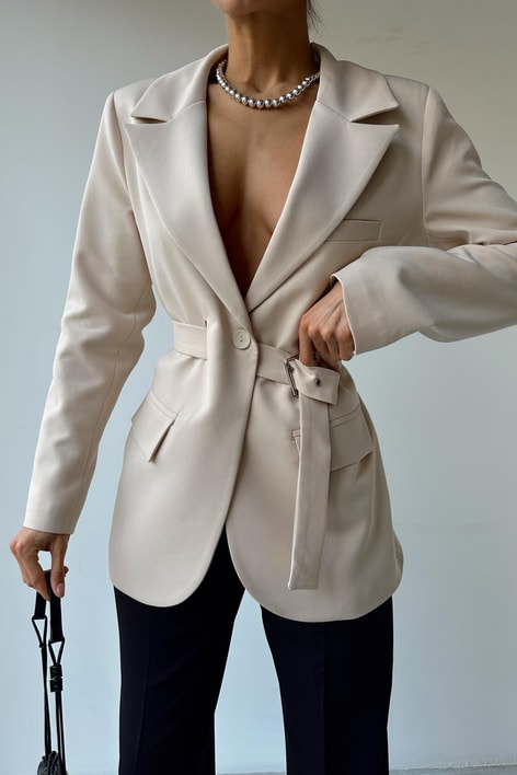 Bel Kemerli Blazer Ceket Bej