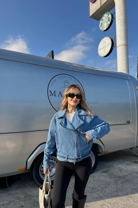 Biker Denim Ceket Mavi