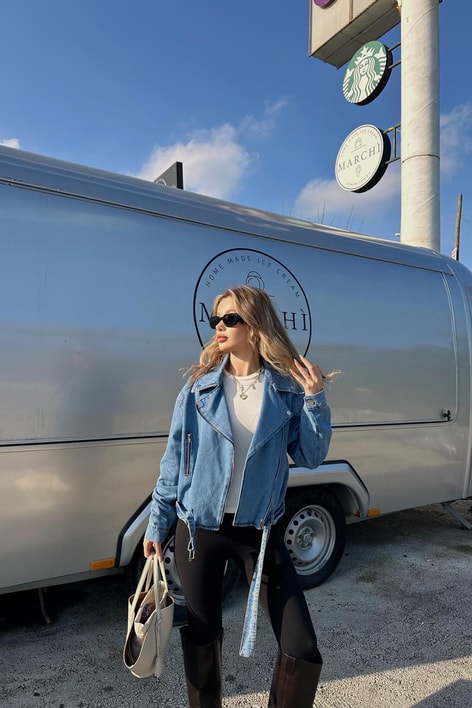 Biker Denim Ceket Mavi