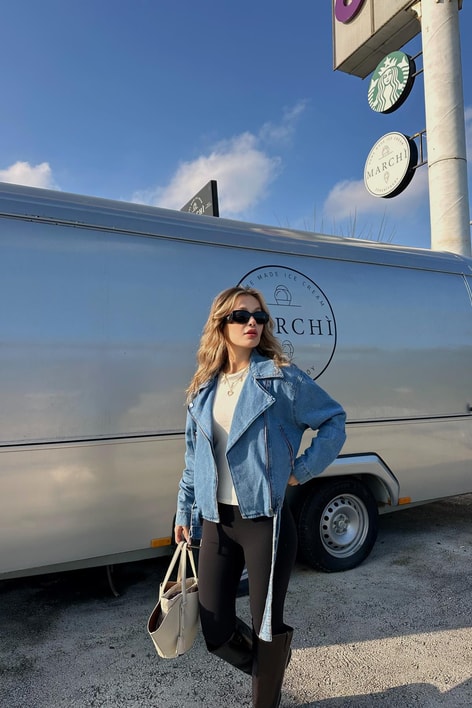 Biker Denim Ceket Mavi