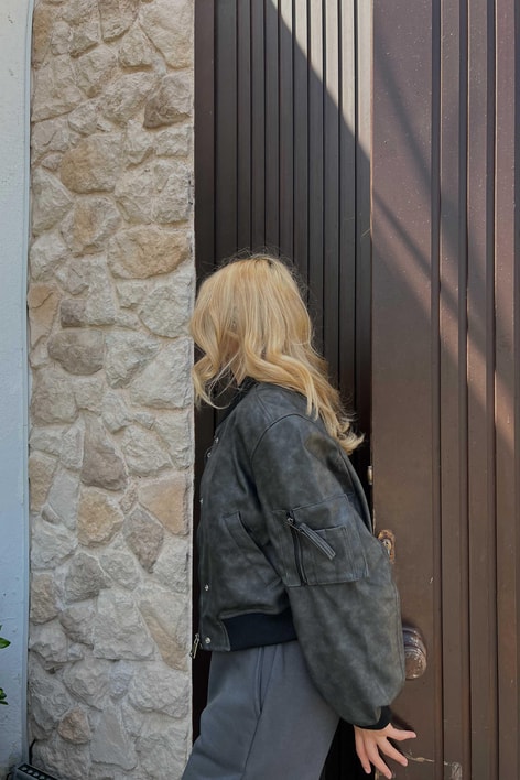 Cep Detay Deri Bomber Ceket Füme