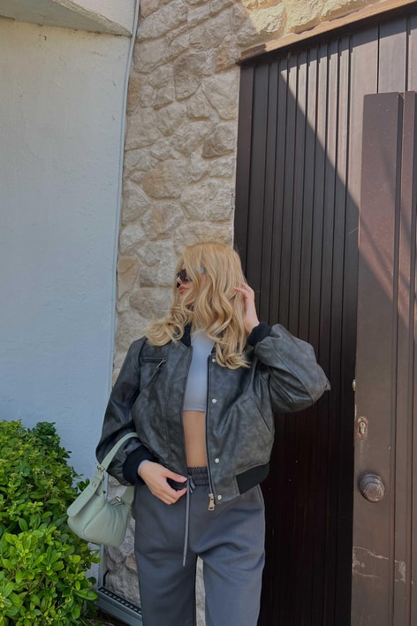 Cep Detay Deri Bomber Ceket Füme