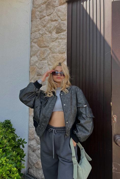 Cep Detay Deri Bomber Ceket Füme