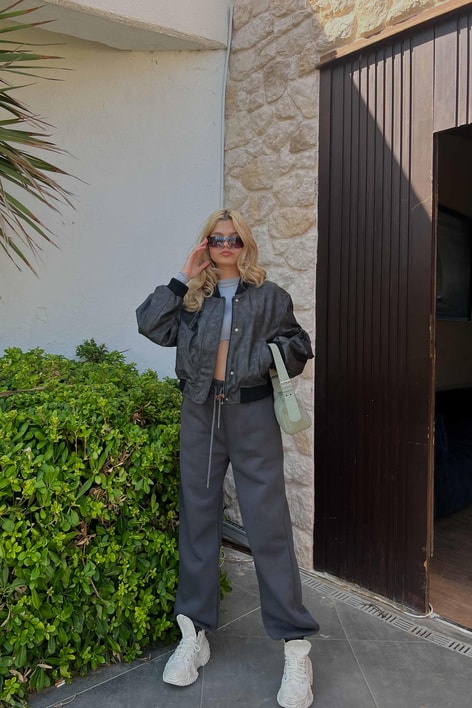 Cep Detay Deri Bomber Ceket Füme