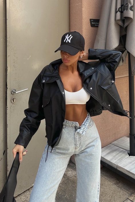 Cep Detay Deri Ceket Siyah