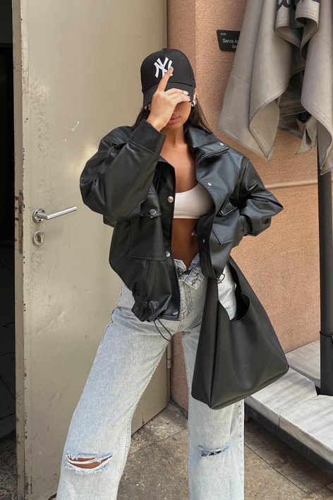 Cep Detay Deri Ceket Siyah