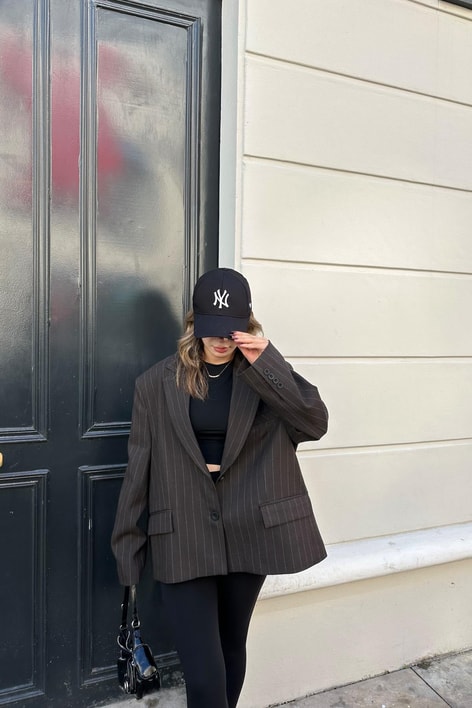 Çift Düğme Çizigili Blazer Ceket Kahve