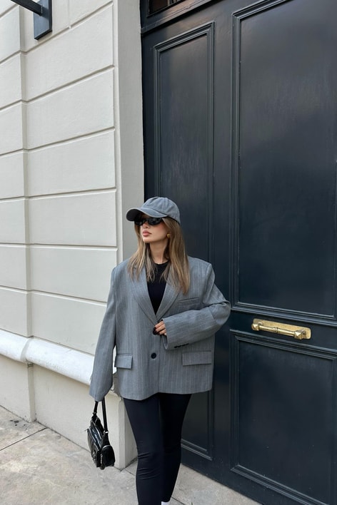 Çift Düğme Çizigili Blazer Ceket Gri