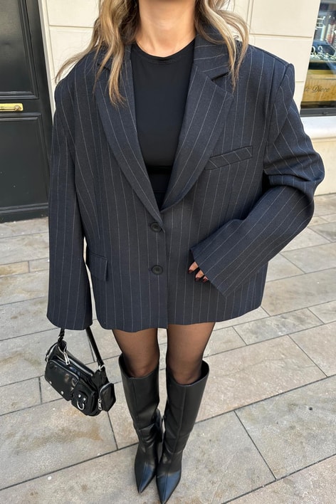 Çift Düğme Çizigili Blazer Ceket Lacivert