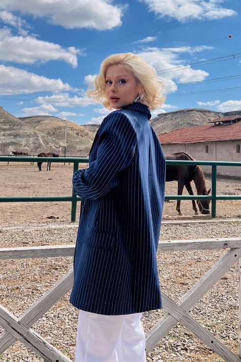 Çizgili Kruvaze Ceket Lacivert