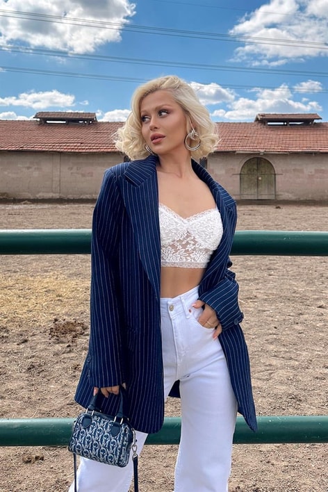 Çizgili Kruvaze Ceket Lacivert