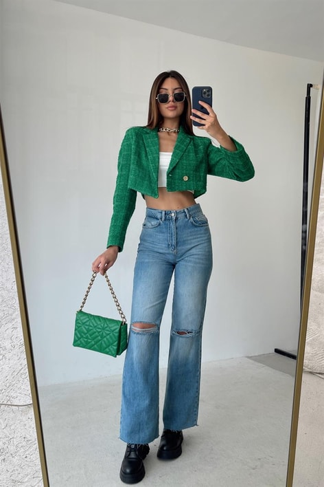 Crop Tüvit Ceket Yeşil