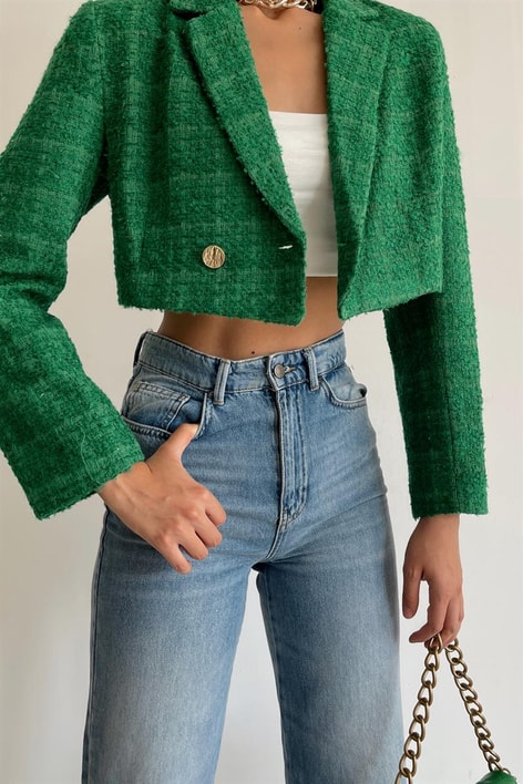 Crop Tüvit Ceket Yeşil