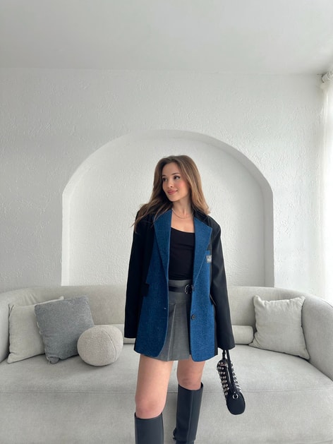 Denim Garnili Blazer Ceket Siyah
