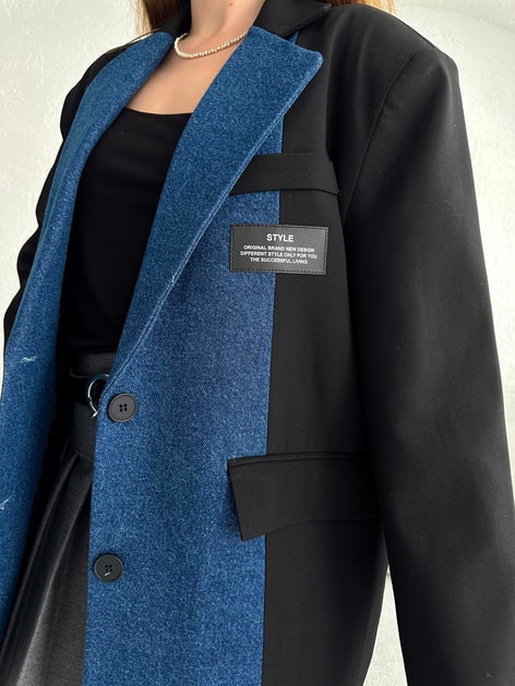 Denim Garnili Blazer Ceket Siyah