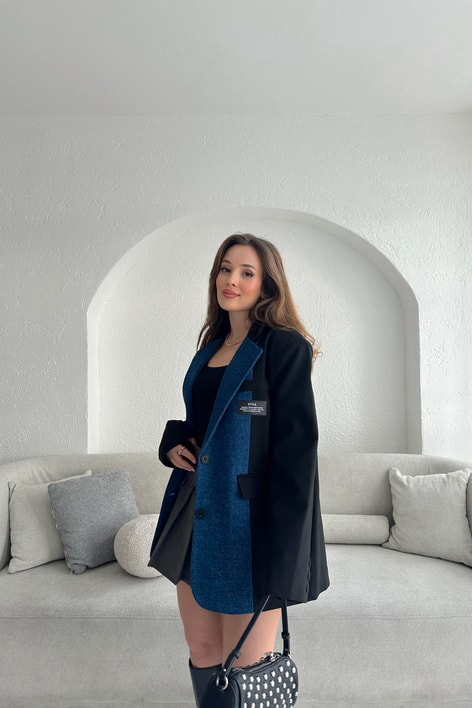 Denim Garnili Blazer Ceket Siyah