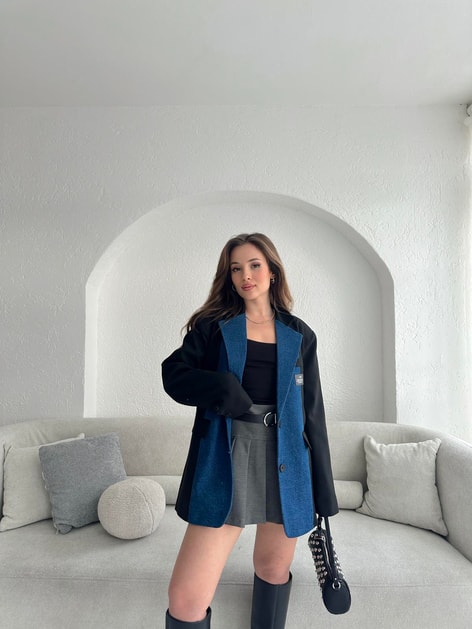 Denim Garnili Blazer Ceket Siyah