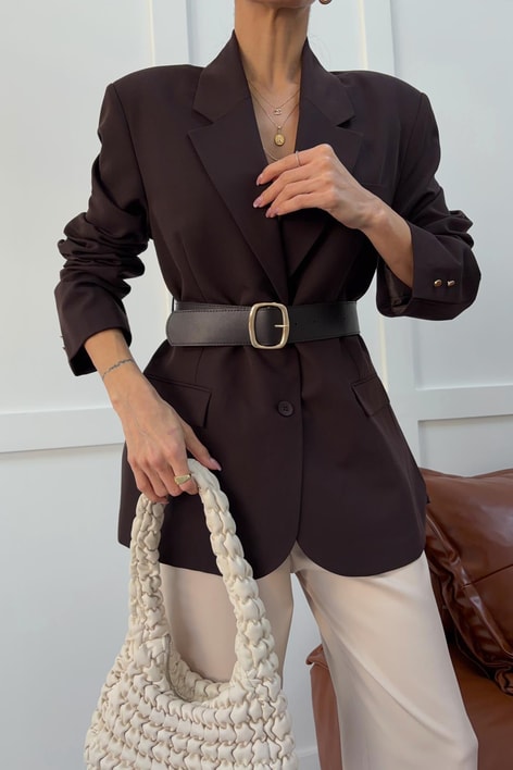 Deri Kermerli Blazer Ceket Kahve