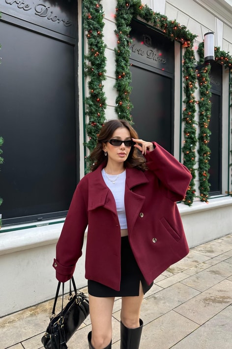 Dik Yaka Kaşe  Ceket Bordo