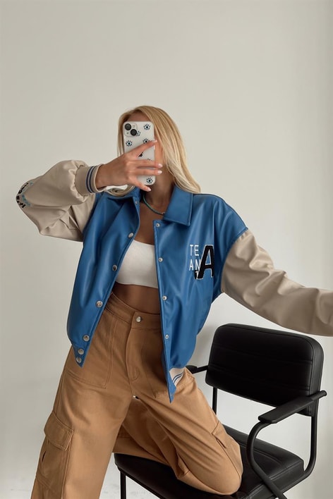 Duo Çıtçıtlı Deri Ceket Mavi