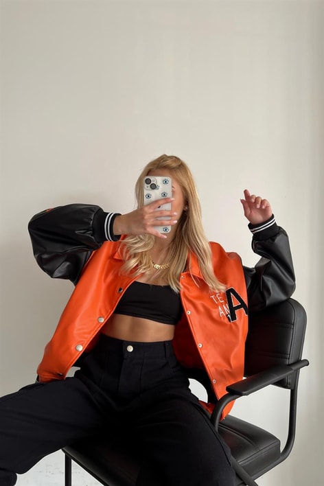 Duo Çıtçıtlı Deri Ceket Oranj