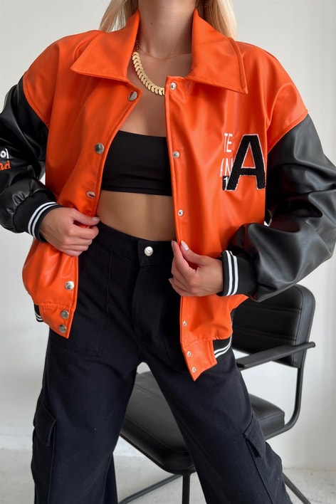 Duo Çıtçıtlı Deri Ceket Oranj