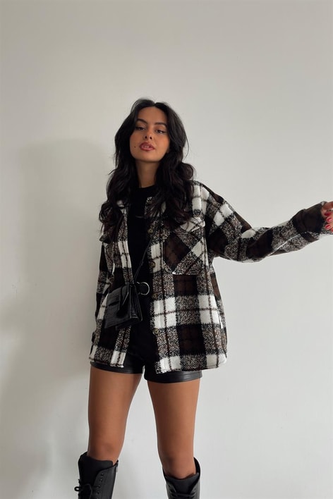 Ekose Desen Cepli Ceket Kahverengi