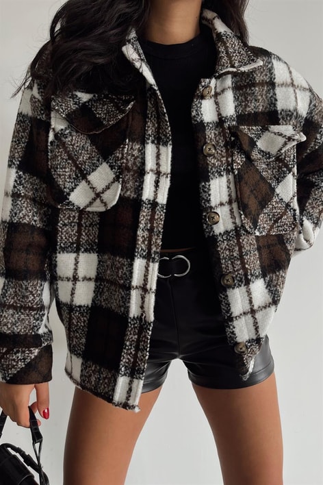 Ekose Desen Cepli Ceket Kahverengi