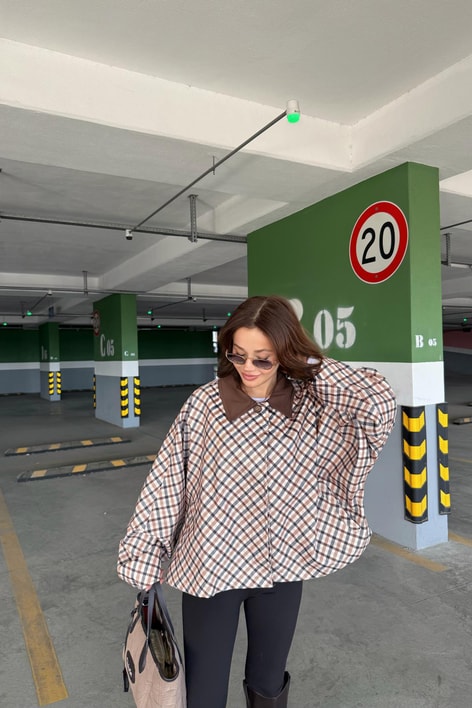 Ekose Desen Oversize Ceket Bej