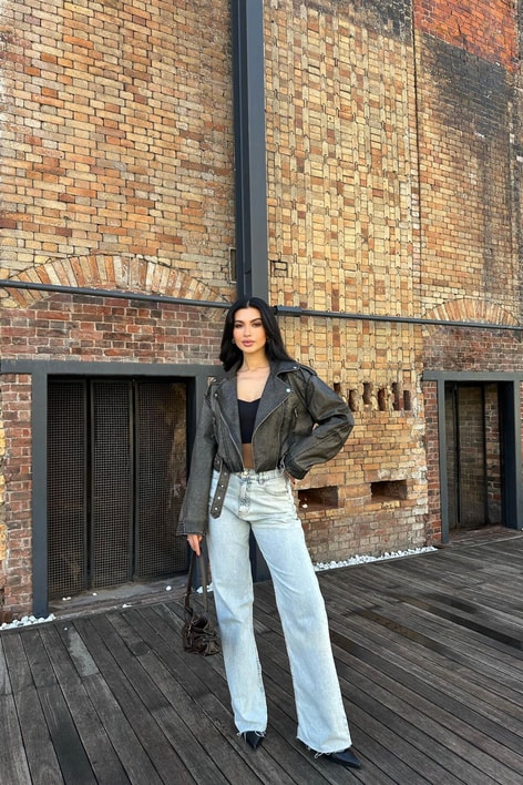 Eskitme Biker Deri Ceket Füme