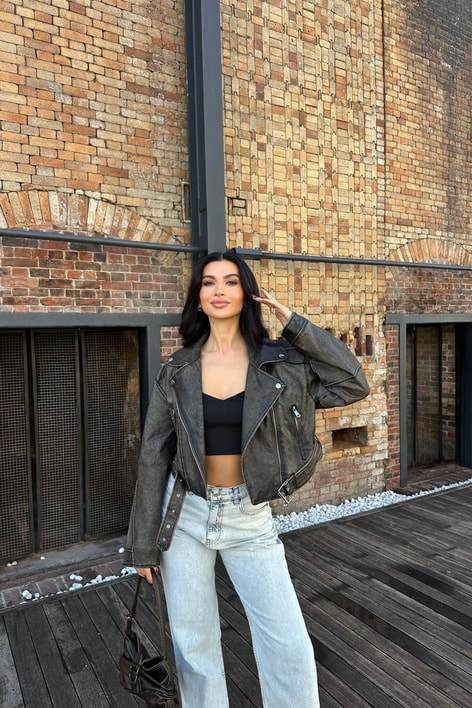 Eskitme Biker Deri Ceket Füme