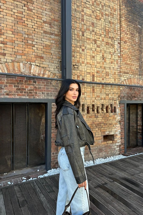 Eskitme Biker Deri Ceket Füme