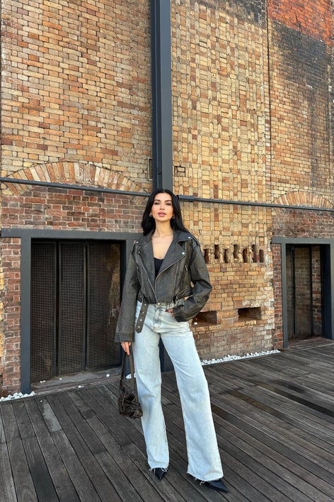 Eskitme Biker Deri Ceket Füme