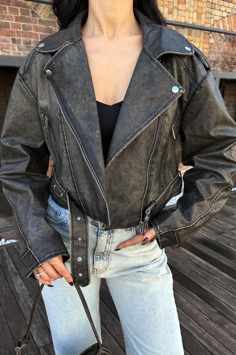 Eskitme Biker Deri Ceket Füme
