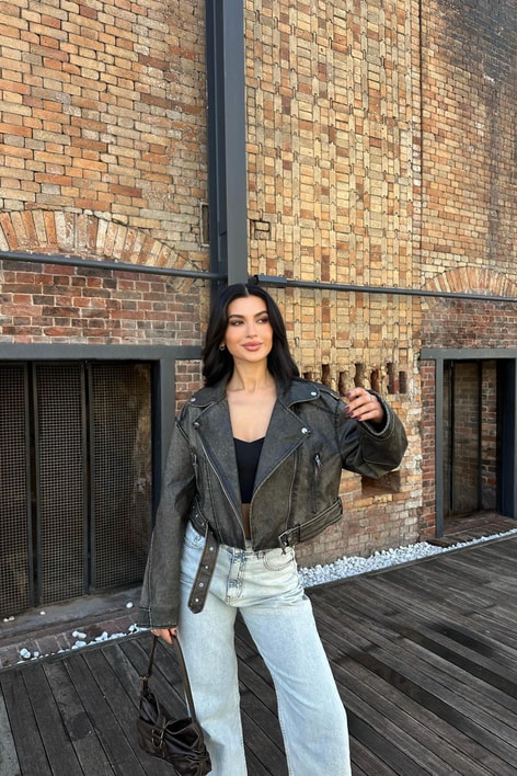 Eskitme Biker Deri Ceket Füme