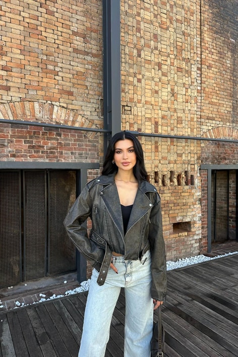 Eskitme Biker Deri Ceket Füme