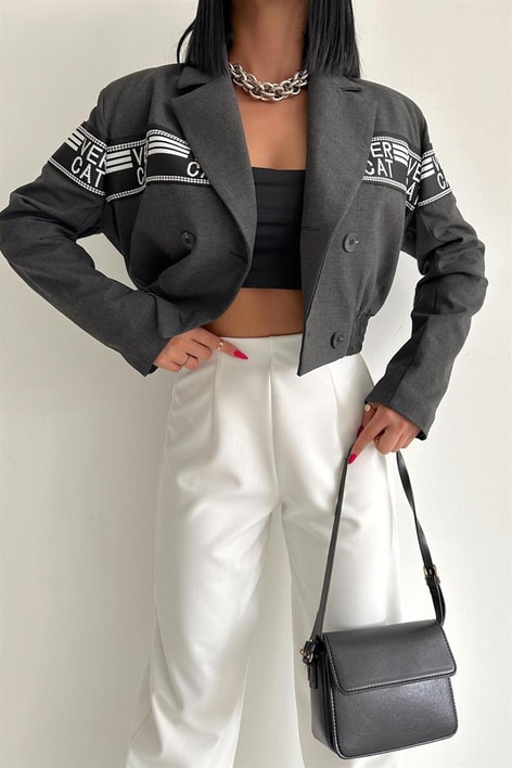 Gipeli Text Detay Kruvaze Cool Ceket Antrasit